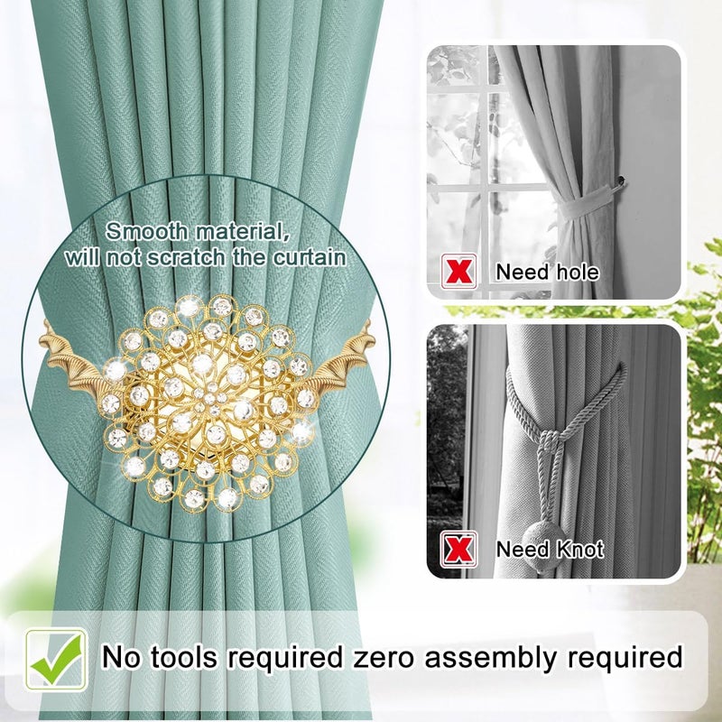 AULEEP Magnetic Curtain Tiebacks, 4 Pack Magnetic Crystal Decorative Drapes Curtain Clips Buckle, Flower Curtain Tie Back, European and American Style (Gold) - Image 4